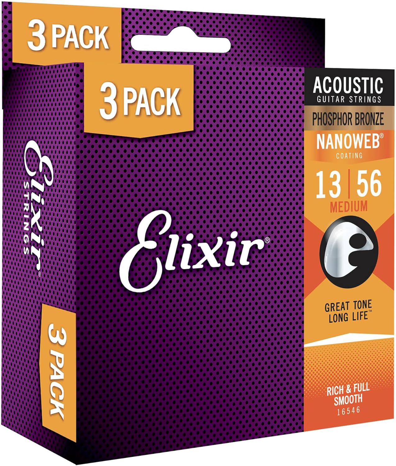 Elixir Strings, Acoustic Guitar Strings, Phosphor Bronze with NANOWEB Coating, Longest-Lasting Rich and Full Tone with Comfortable Feel, 6 String Set, 3 Pack, Medium 13-56
