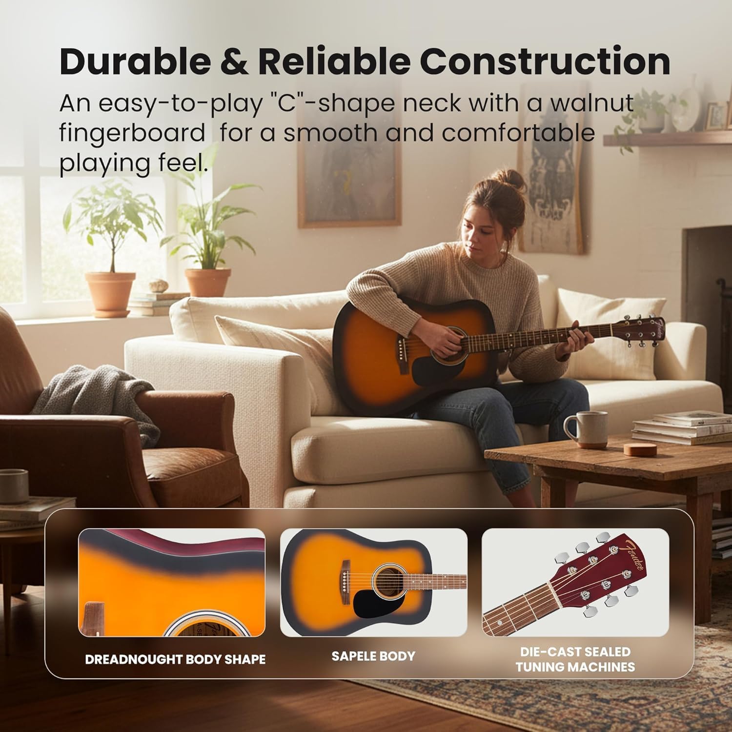 Fender FA Series Dreadnought Acoustic Guitar - Sunburst Bundle with Gig Bag, Tuner, Strings, Picks, and Austin Bazaar Instructional DVD - Image 3